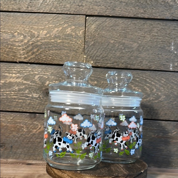VINTAGE SET OF 2 Charming Cow Print Glass Cookie Snack Jars 7x5" Airtight Seal - Picture 2 of 4
